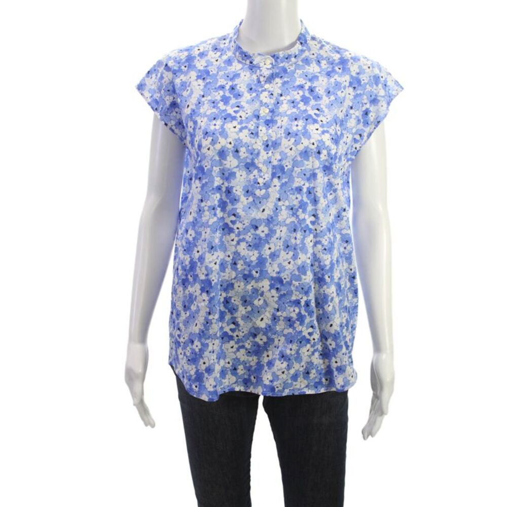 Leggiadro Women Blue Floral Collared Cotton Basic Blouse Short Sleeve Size M